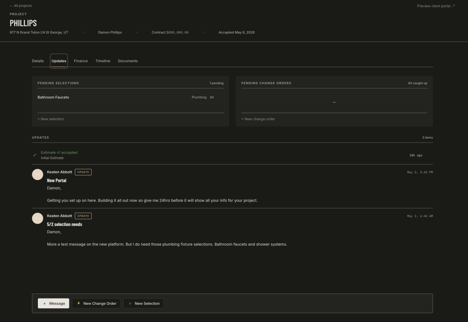 Project updates feed with pending selections, change order tracking, and client messaging