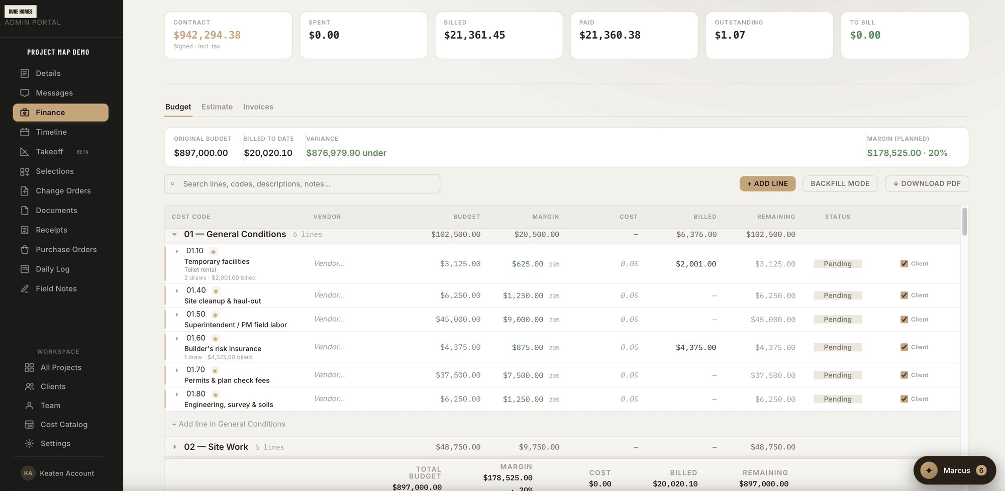 Job finance — contract, spent, billed, margin, and remaining by cost code, with client visibility per line
