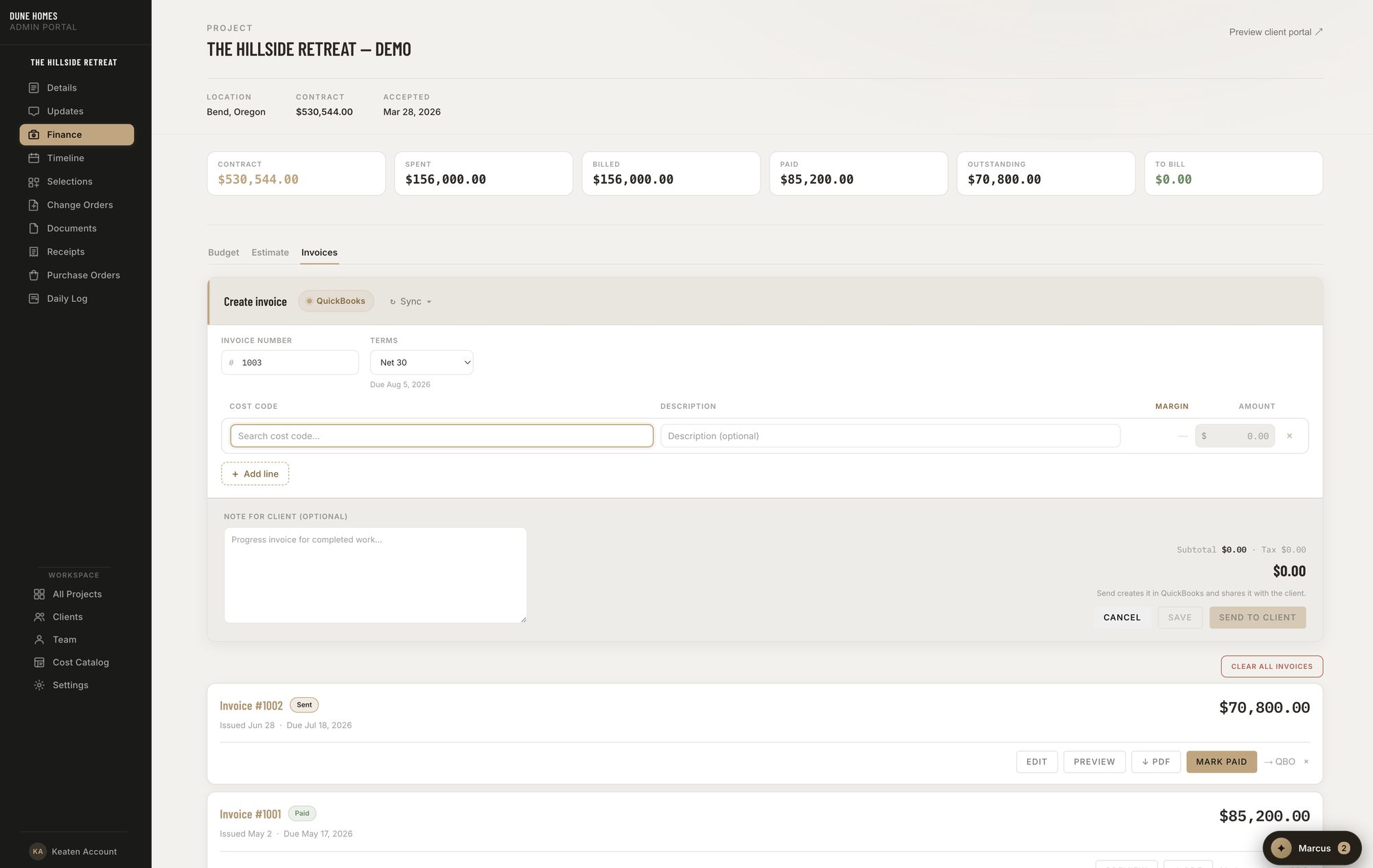 Invoice builder with one-click QuickBooks sync