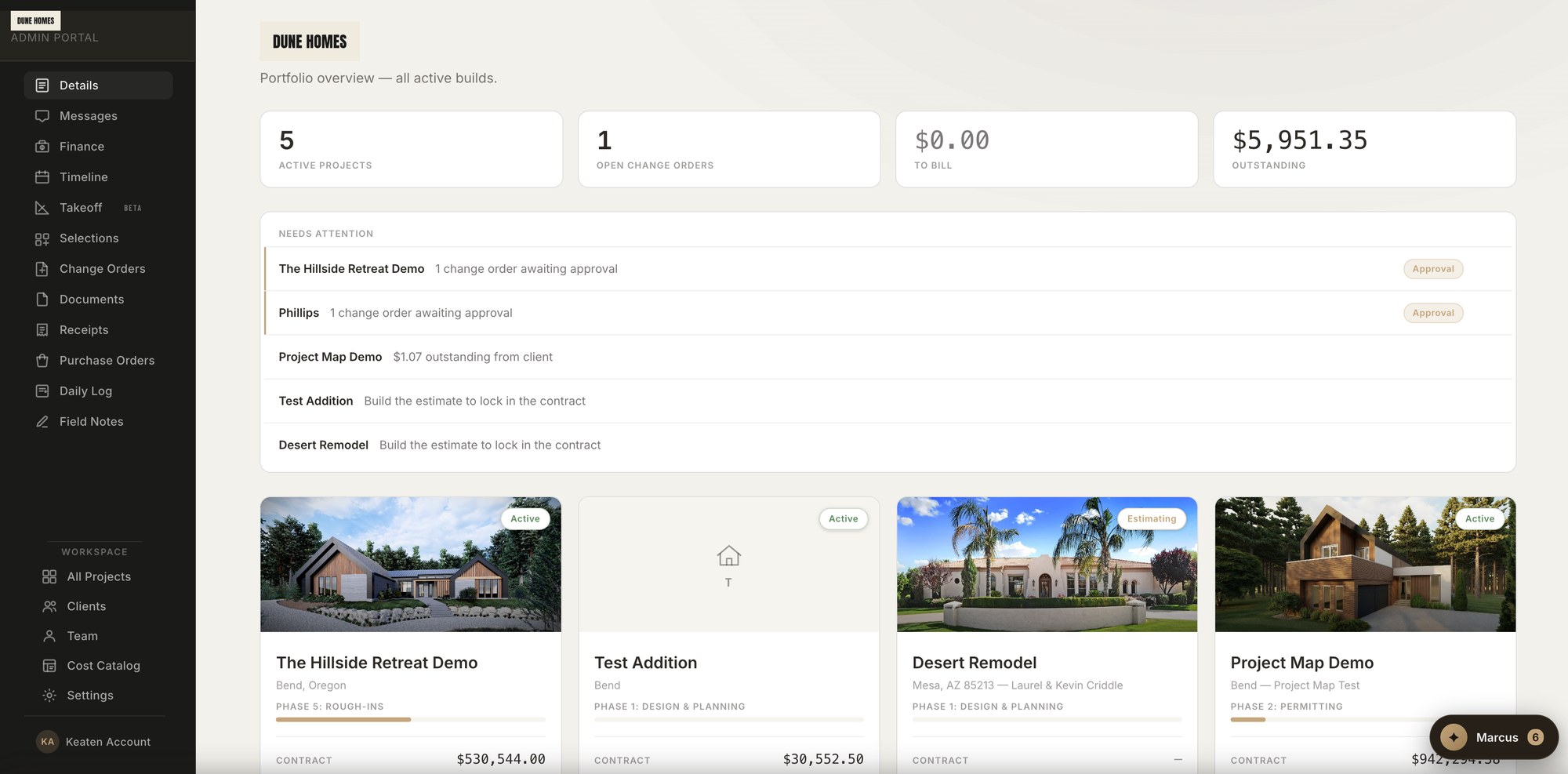 The builder's portfolio overview — five active projects, open change orders, outstanding balances, and a needs-attention list