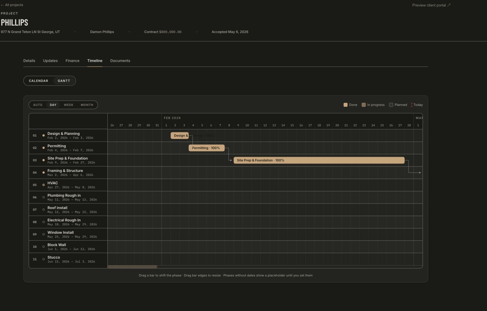 Project Map admin Gantt timeline showing every phase of a custom home build with start and end dates
