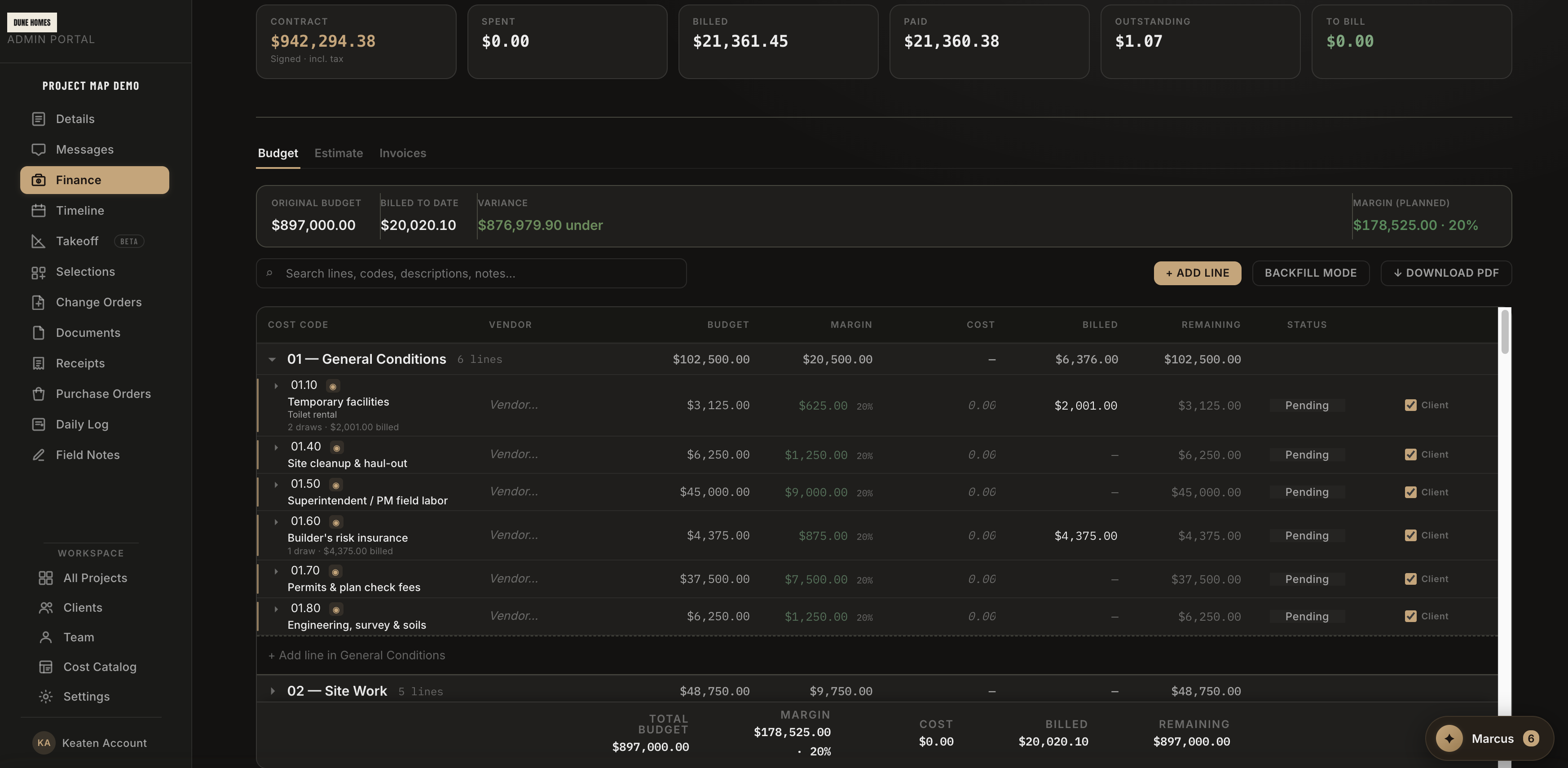 Builder finance in dark mode — contract totals, billing, planned margin, and budget lines by cost code