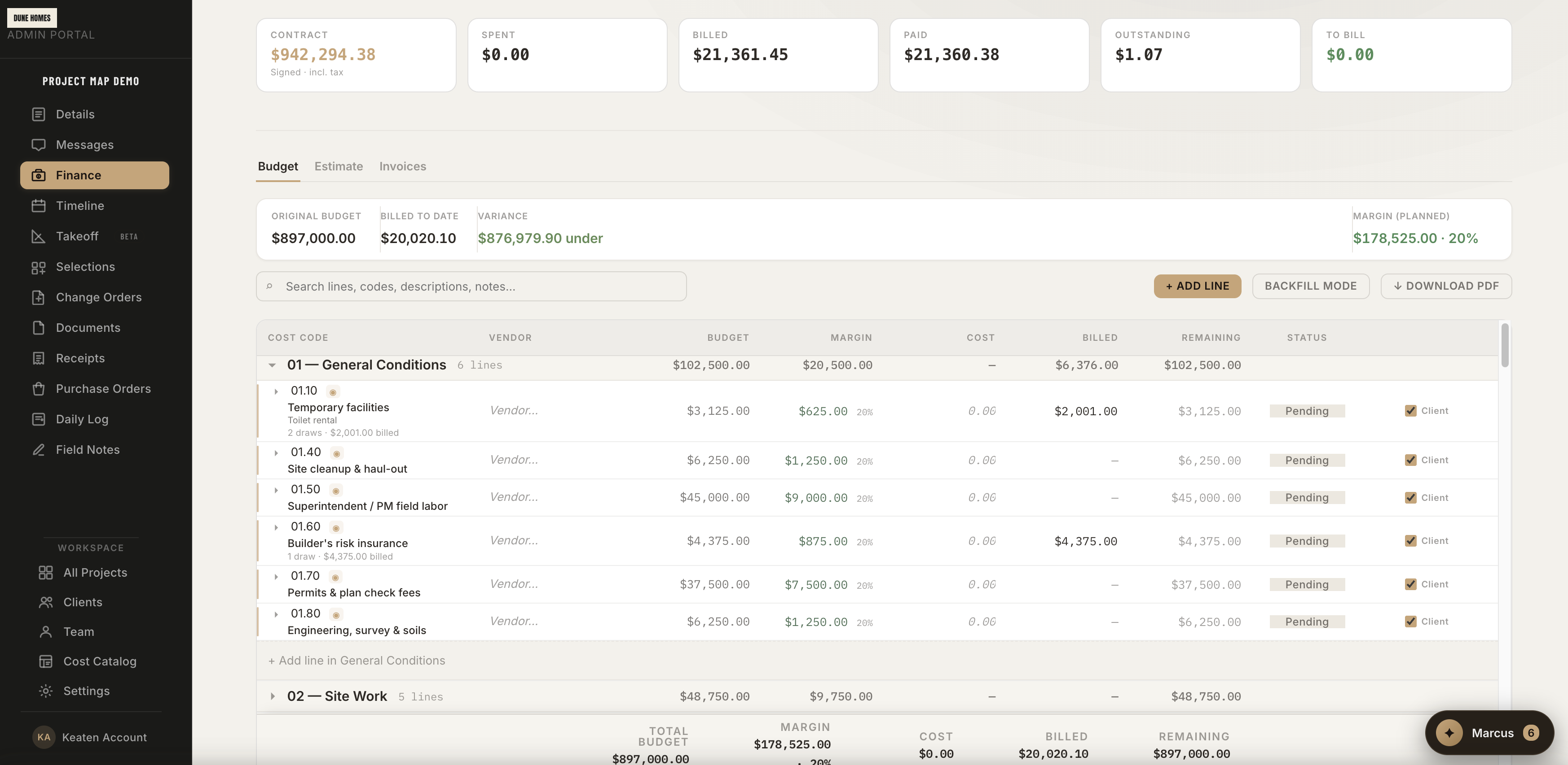 The same builder finance workspace in light mode