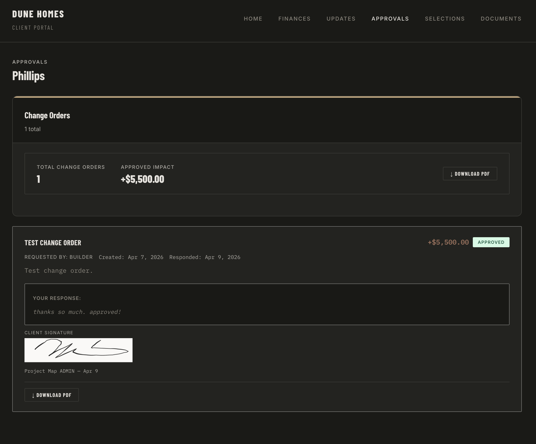 Client approval view with signed change order