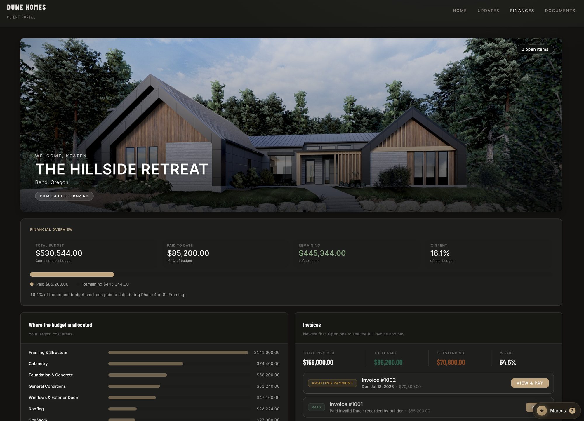 The same client portal in dark mode