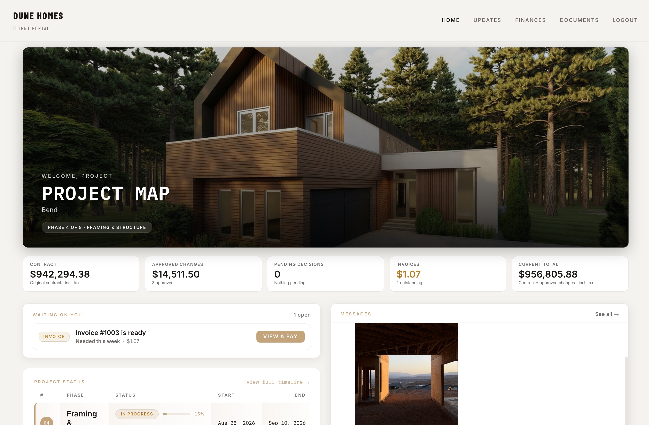 Dune Homes branded client portal dashboard — project phase, contract, approved changes, pending decisions, invoices, project status, and messages