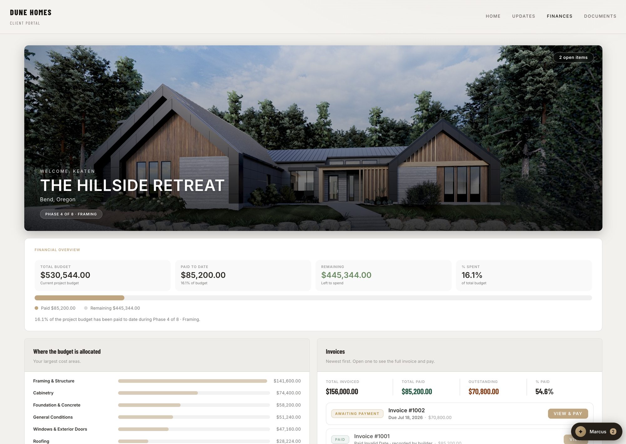 Client finances — budget, paid to date, and invoices with Pay Now