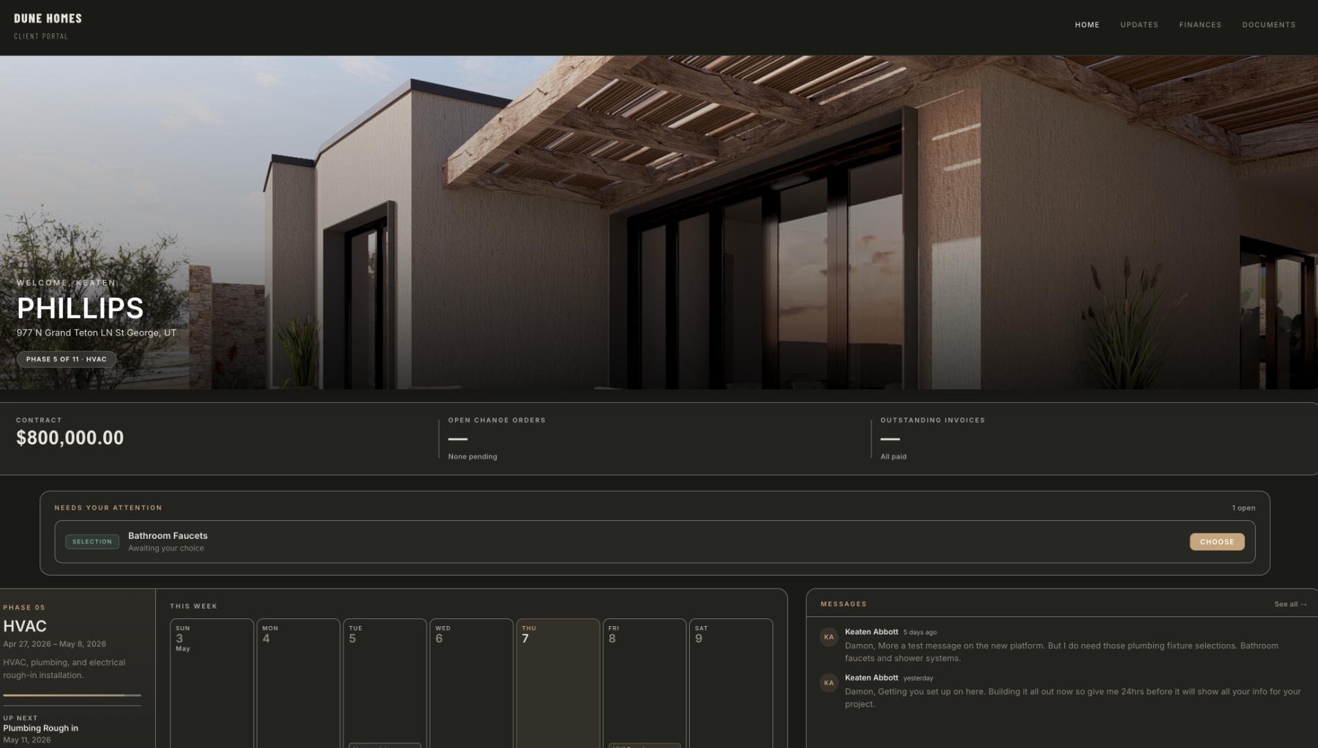 Dune Homes branded client portal showing the project hero photo, current phase, contract value, and weekly schedule