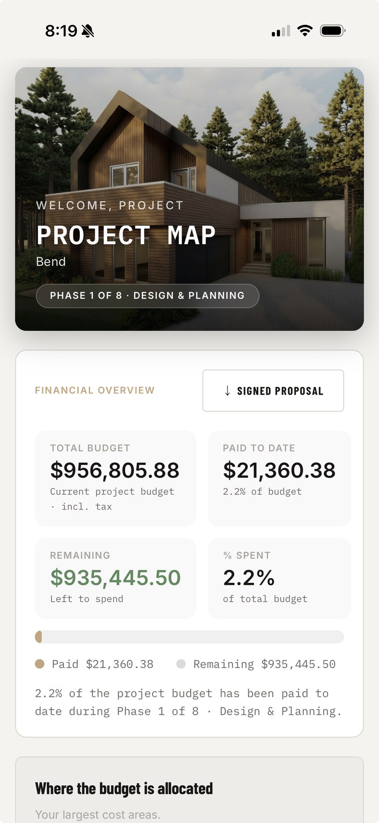 The client's Finances page in the branded portal — total budget, paid to date, and remaining balance