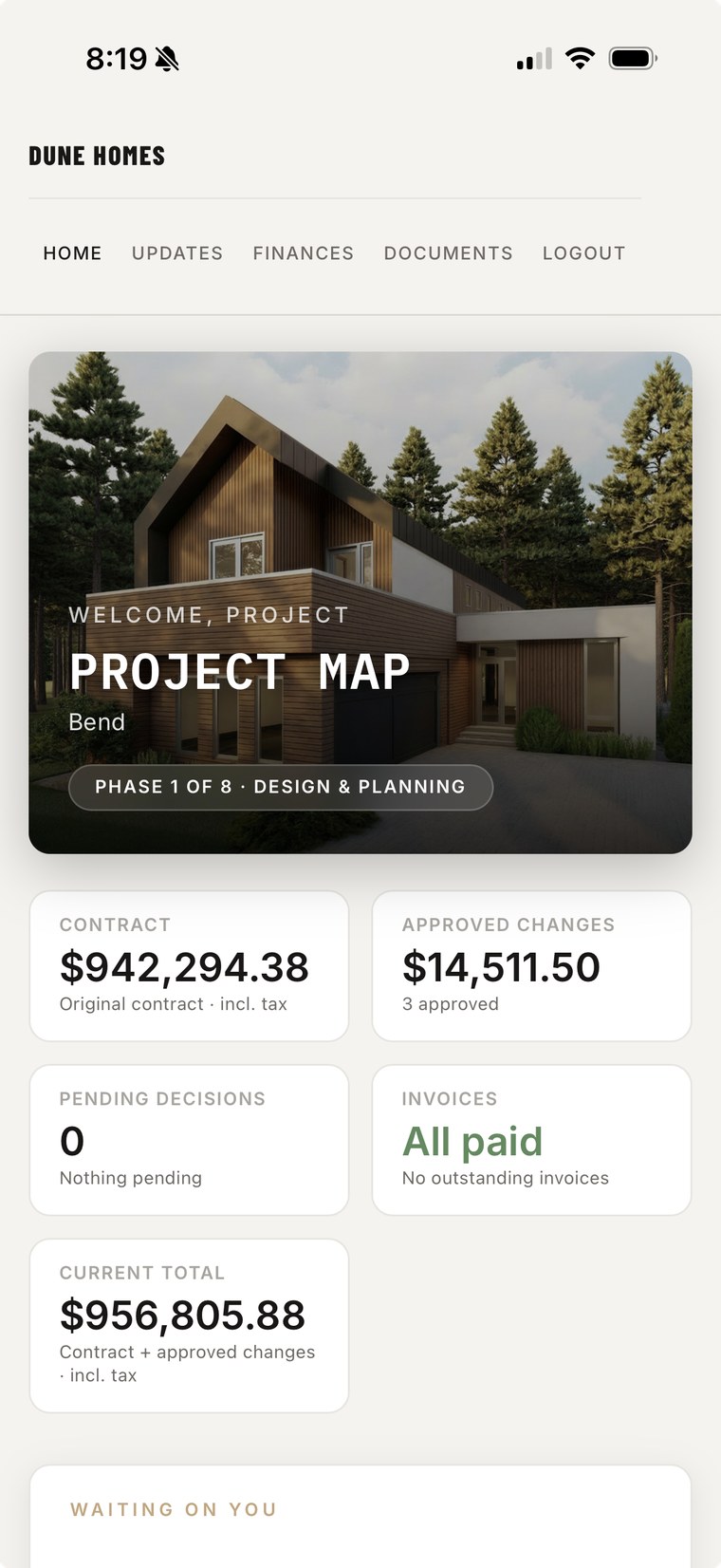 A builder's branded client portal installed on an iPhone home screen, showing the Dune Homes project dashboard