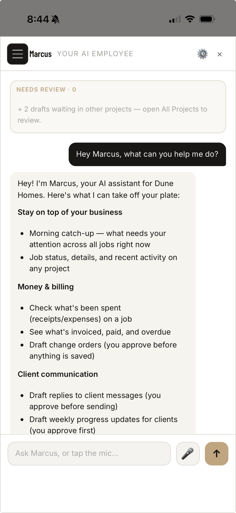 Marcus, the AI employee, answering questions inside the builder's app on a phone