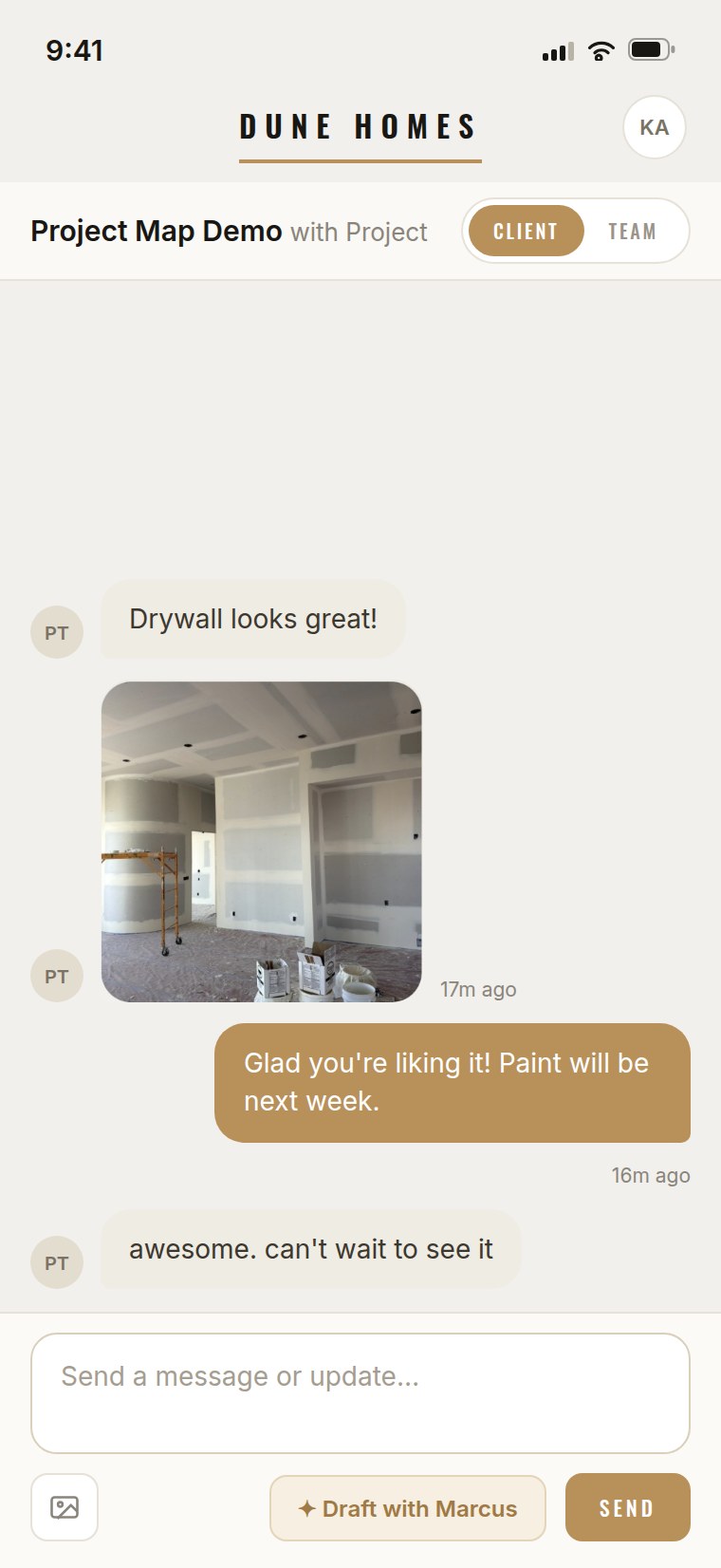 The job message thread in the branded app — a drywall photo from the field and client replies